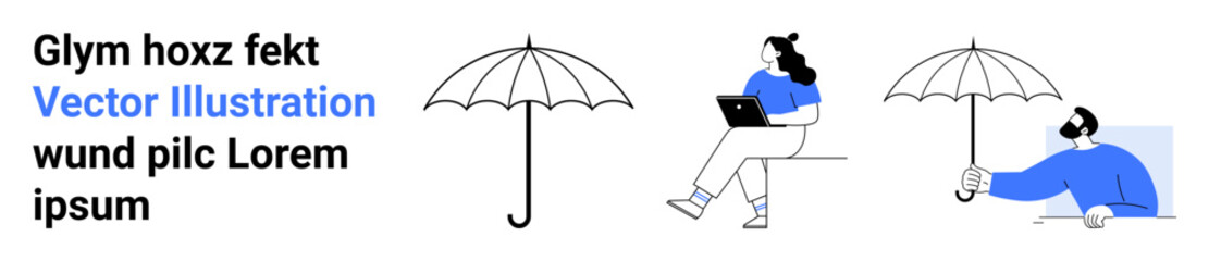 Umbrellas and diverse characters working on laptops, reading, and relaxing. Ideal for teamwork, productivity, protection, outdoor activities, minimalism, digital art, solitude themes. Landing page