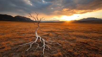 A lonely tree with visible roots stands on dry ground illuminated by the warm glow of sunset, evoking feelings of perseverance and the beauty in solitude within nature.