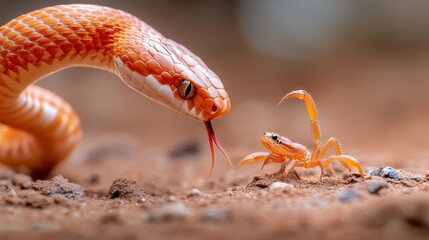 A visually striking image captures the tense moment between a vivid snake and a small scorpion, highlighting the interplay of predator and prey in a natural setting.