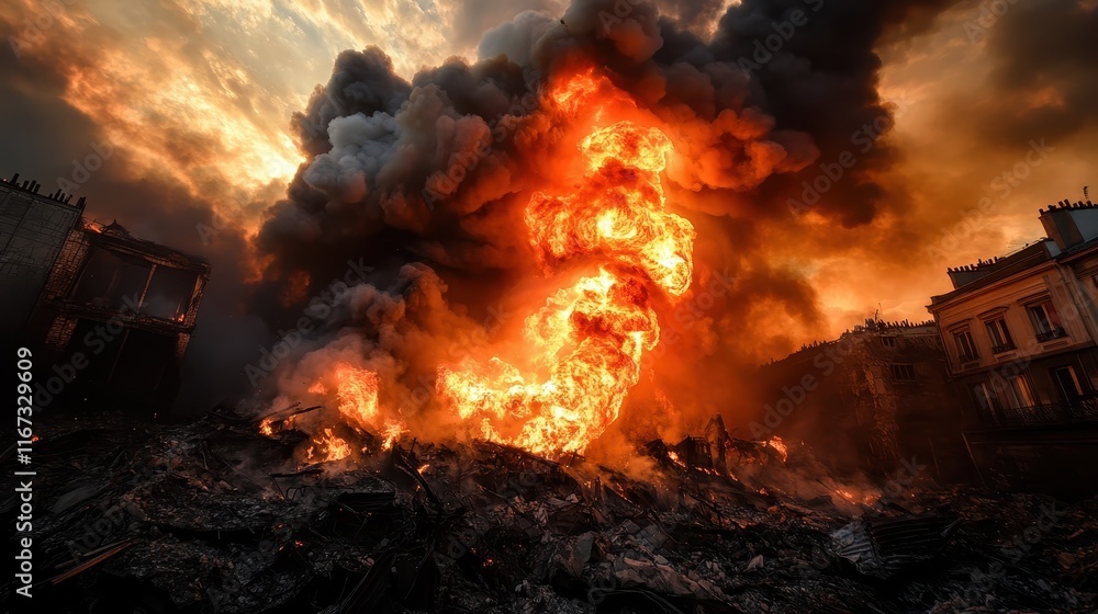 Poster flames burst dramatically from the ruins of structures, creating a haunting image of destruction and