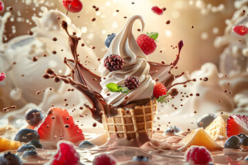 Delicious Ice Cream Cone with Chocolate and Vanilla Swirl, Topped with Colorful Sprinkles for a Sweet Frozen Treat