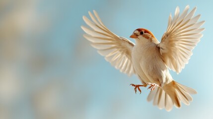 Fototapeta premium This enchanting image captures a sparrow in mid-flight, symbolizing freedom and the beauty of nature, showcasing its graceful wings against a clear blue sky.