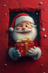 3D cartoon-style illustration, with a cute smiling Santa Claus peeking out from a hole in a red wall, holding a present box
