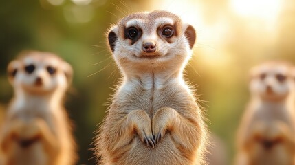 A charming meerkat stands upright, gazing at the camera with a curious expression, surrounded by a blurred background of soft natural light, showcasing its playful demeanor.