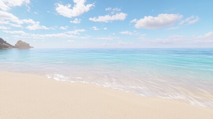 Serene Coastal Paradise: Photorealistic Beach Scene with Clear Waters and Distant Islands Conveying Peaceful Escape