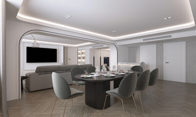 Modern interior design of living and dining room and dark green chairs and dining table decoration and tv wall pattern background. 3d rendering 