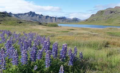 Fototapeta premium Photo of Stokksnes with vestigial mountains in the background, a beautiful blue sky and sunlight, vibrant purple Lupine flowers in the foreground, a small lake nearby, and a colorful grassy meadow