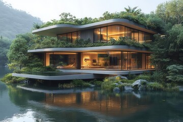 Fototapeta premium futuristic 3d illustration of a modern house floating above a breathtaking landscape surrounded by lush greenery and tranquil waters depicting an ideal harmonious living environment