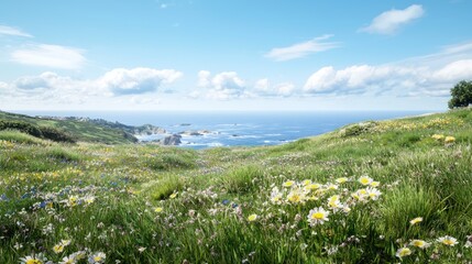 Obraz premium Tranquil Coastal Serenity: Photorealistic Landscape with Rolling Hills, Wildflowers, and Panoramic Ocean View
