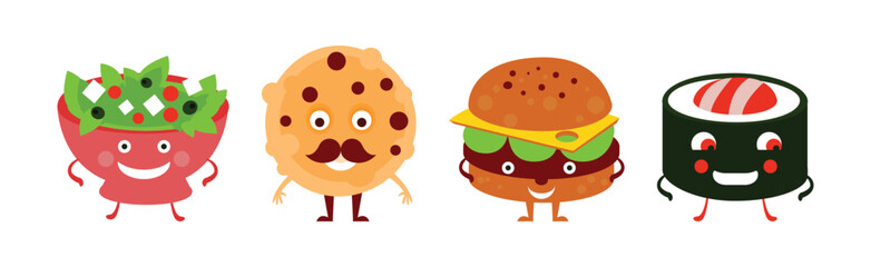 Cute Food Product with Smiling Face Vector Set