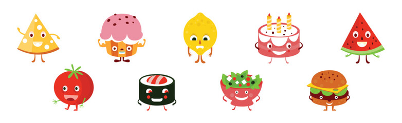 Cute Food Product with Smiling Face Vector Set
