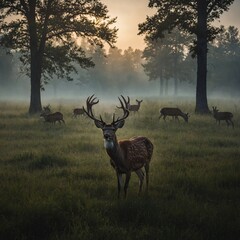 Obraz premium Photograph a deer’s shadow falling on a misty meadow.