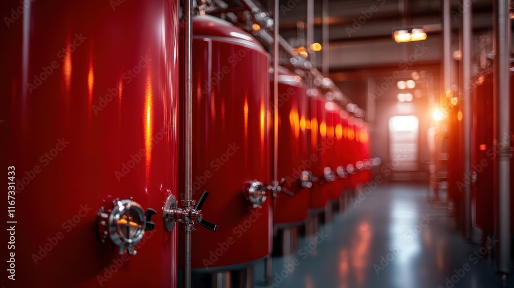 Poster this image showcases a row of reflective red fermentation tanks, bathed in warm light, creating an i
