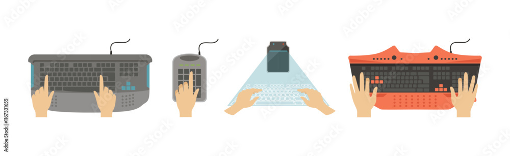 Poster male hands on computer keyboard top view vector set