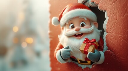 3D cartoon-style illustration, with a cute smiling Santa Claus peeking out from a hole in a red wall, holding a present box