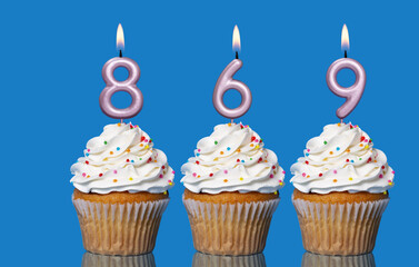 Birthday Cupcakes With Candles Lit Forming The Number 869