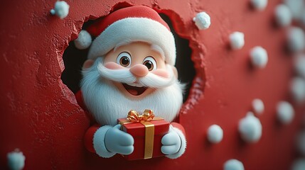 3D cartoon-style illustration, with a cute smiling Santa Claus peeking out from a hole in a red wall, holding a present box