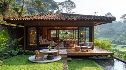 Hillside villa, rice paddy view, open design, tropical garden, tranquil escape
