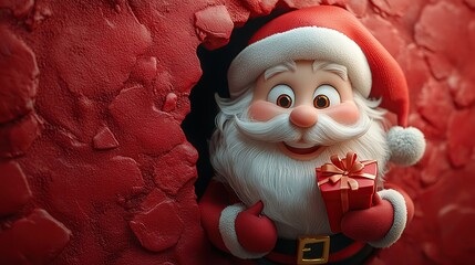 3D cartoon-style illustration, with a cute smiling Santa Claus peeking out from a hole in a red wall, holding a present box