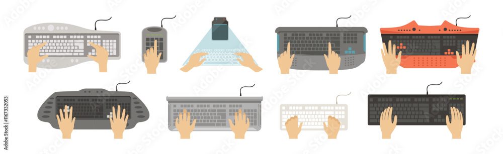 Poster male hands on computer keyboard top view vector set