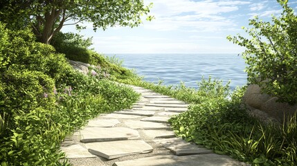 Fototapeta premium Serene Coastal Trail: Ocean Views Through Lush Greenery | Photorealistic Nature Scene in Ultra-Detailed Rendering for Explorers