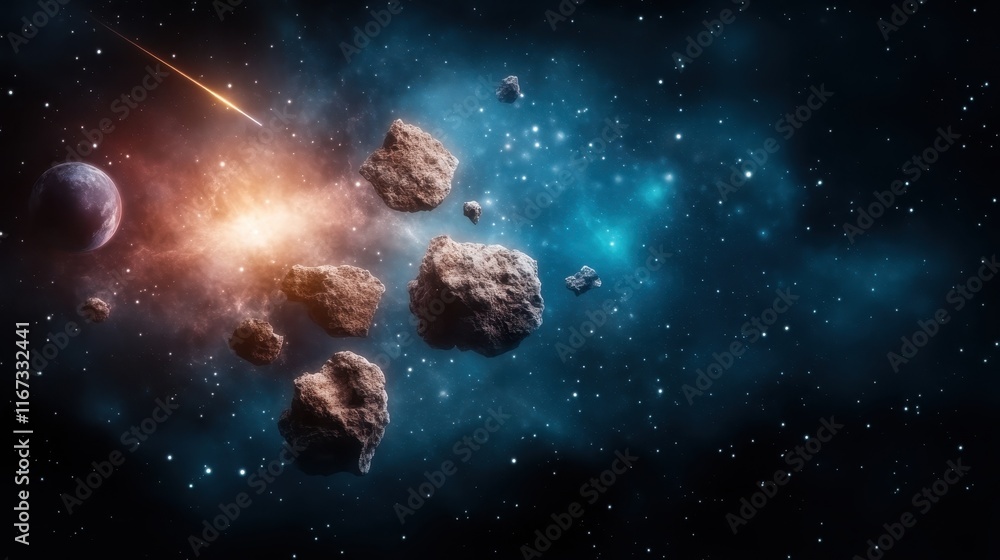 Poster a stunning visual of asteroids floating in deep space, illuminated by a distant starburst and planet