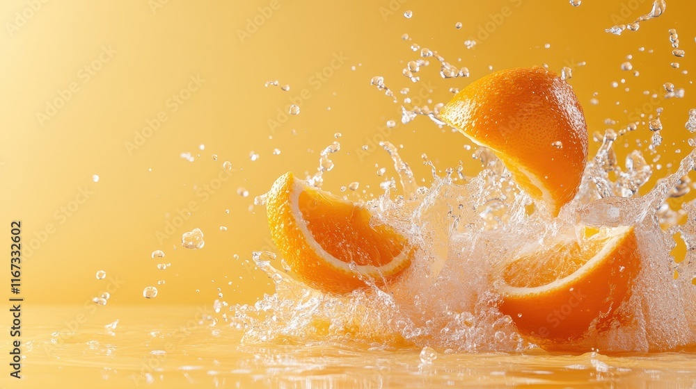 Poster this image captures a dynamic splash of oranges being thrown into water, creating a refreshing visua