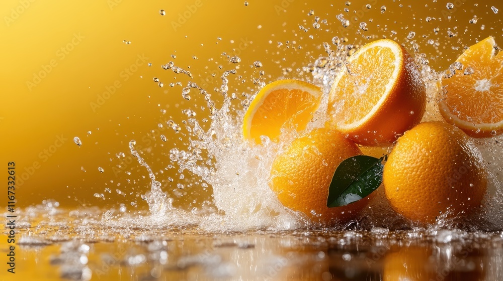 Poster this visually stunning image of cascading oranges splashing in water against a yellow background con