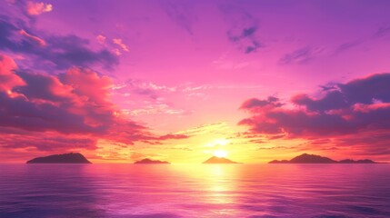 Obraz premium Tranquil Coastal Panorama at Sunset with Silhouetted Islands - Photorealistic Ultra-Detailed Seascape Landscape