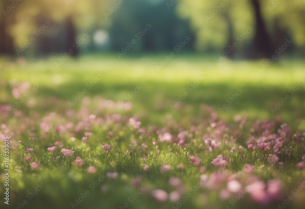 Poster beautiful blurred background image of spring nature with a neatly trimmed lawn surrounded by trees