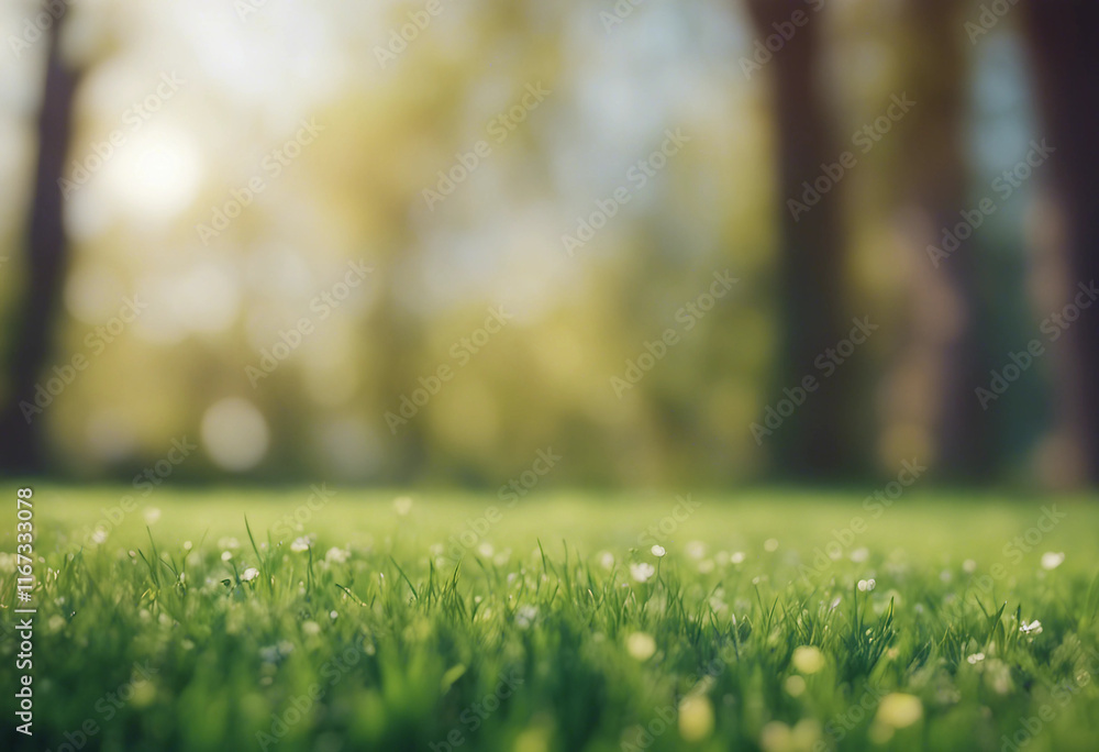 Poster beautiful blurred background image of spring nature with a neatly trimmed lawn surrounded by trees