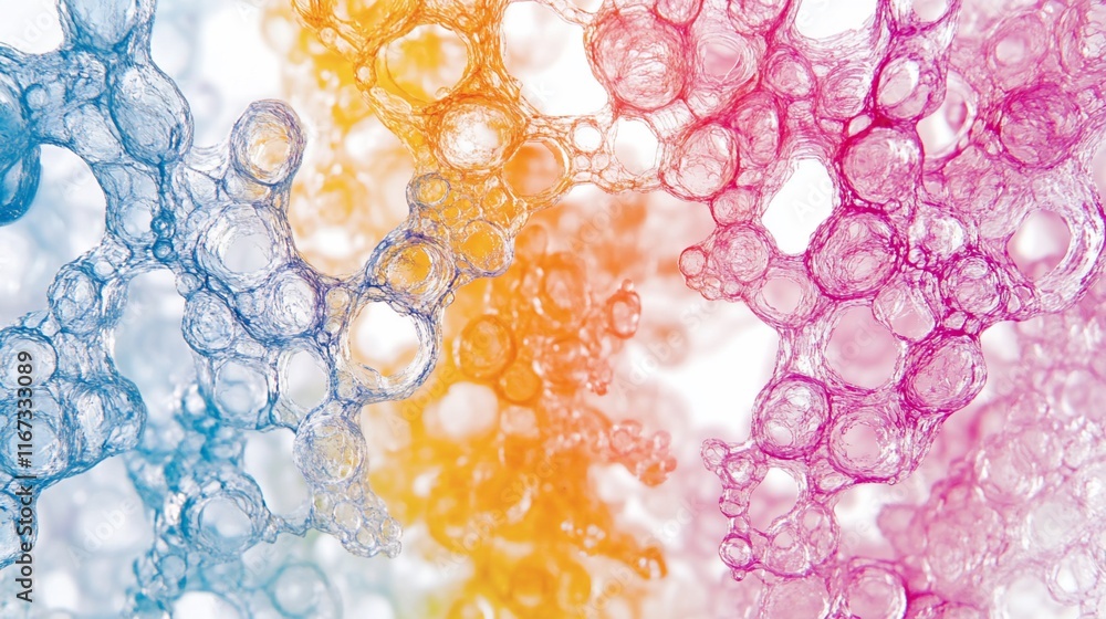 Poster abstract image of colorful, translucent bubbles forming a network.