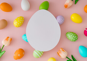 Spring pattern with colorful Easter eggs and tulip flowers on pastel green background with paper card note copy space. Minimal Easter concept. Creative festive holiday flat lay. Easter aesthetic.
