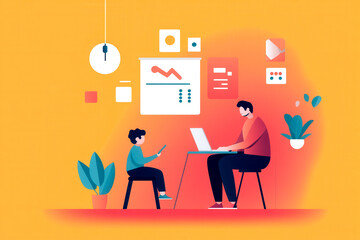 A father and son engage in a digital learning session at home, with vibrant graphics illustrating data charts and a cozy workspace.