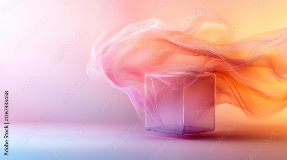 Poster this captivating image features a translucent cube surrounded by flowing colorful swirls that repres