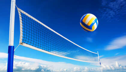 a volleyball net and a yellow, blue, and white volleyball soaring mid-air. The image is set against a clear blue sky with soft white clouds, evoking a bright and active atmosphere perfect for sports
