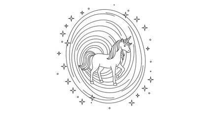 Magical unicorn in a rainbow swirl of stars.  Fantasy horse outline coloring page.