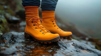 A person wearing a pair of yellow boots is standing on a wet rock