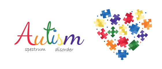 Autism spectrum disorder background banner design. Hand drawn vector illustration in flat style. Red, green, blue,yellow, purple and orange jigsaw puzzles heart design. Autism awareness day