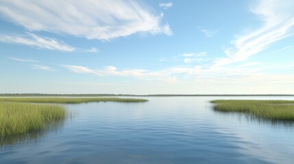 Tranquil Estuary: Serene Waters Reflecting Sky and Marsh Grasses in Perfect Harmony