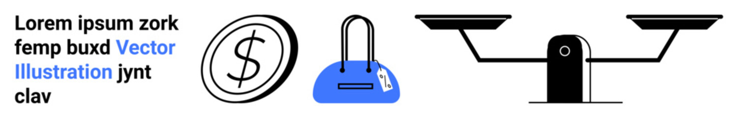 Dollar icon, briefcase, and a balance scale highlight finance, business, law, and justice. Ideal for financial services promotional materials, business strategy, corporate law legal services
