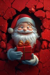 3D cartoon-style illustration, with a cute smiling Santa Claus peeking out from a hole in a red wall, holding a present box
