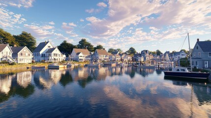Serene Coastal Charm: Photorealistic Harbor with Fishing Boats and Seaside Cottages Embracing Coastal Life Essence