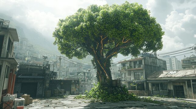 Glowing tree in deserted urban favela, hazy cityscape background, potential game asset.