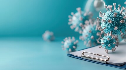 A collection of knitted virus models sits on a clipboard, visually representing the concept of infectious diseases, particularly COVID-19, in a creative way.