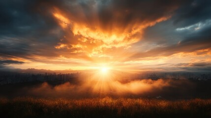 Obraz premium This mesmerizing image captures a breathtaking sunset over a city skyline, filled with vibrant colors and dramatic clouds, evoking feelings of wonder and tranquility.