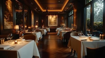 Elegant dining room with white tablecloths and candlelight in upscale restaurant