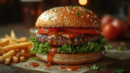 Delicious burger with lettuce, tomato, and sesame bun dripping with sauce