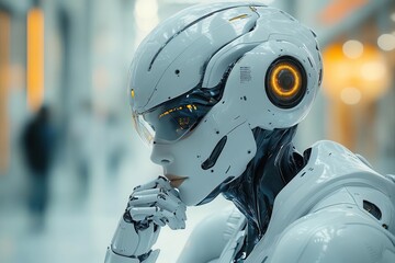 Fototapeta premium futuristic robot pondering with sleek white design and expressive features set against a luminous softfocus background suggesting creativity and intelligence