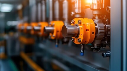 Obraz premium This image presents a row of colorful industrial machines highlighted in orange, symbolizing efficiency and innovation in manufacturing, reflecting modern design and technology.